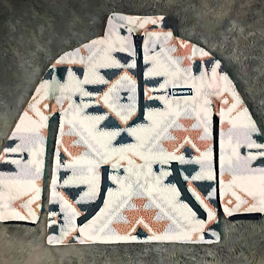 Hooey Boys M Cream/Black Fleece 1/4 Zip High Neck Pockets Geometric Hoodie